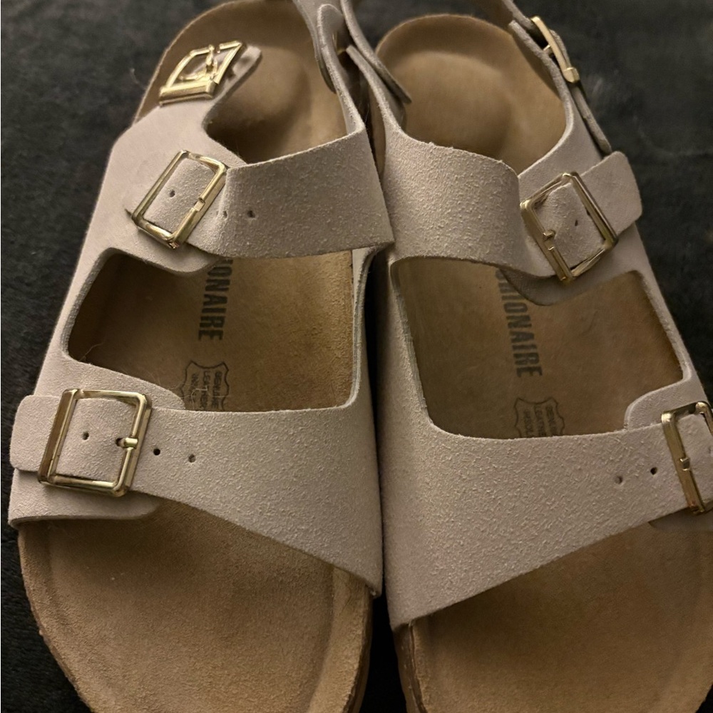 Stylish Beige Sandals with Gold Buckles